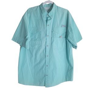 Columbia PFG Button Up Performance Shirt Mens Size Large Aqua Blue Cotton Vented